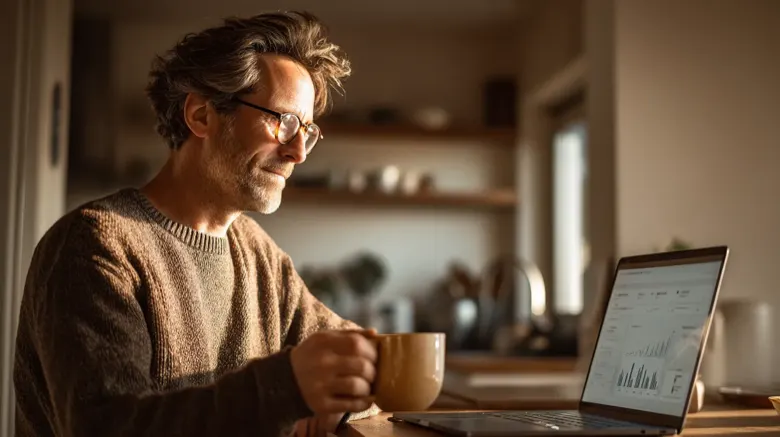 Business owner relaxed at home, reviewing their website analytics over morning coffee