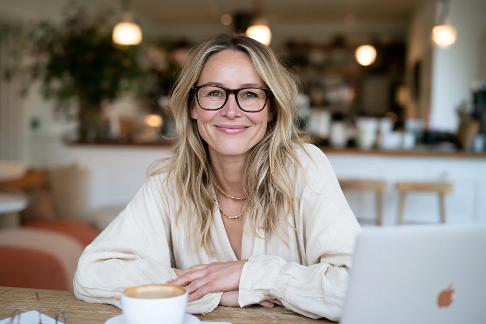 An approachable Marin business coach at a laptop with coffee in warm natural light