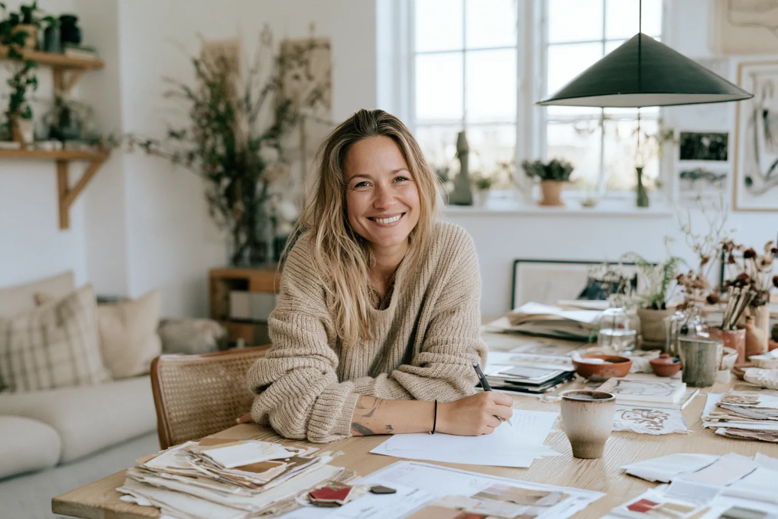 An interior designer's warm, light-filled workspace with fabric and material samples