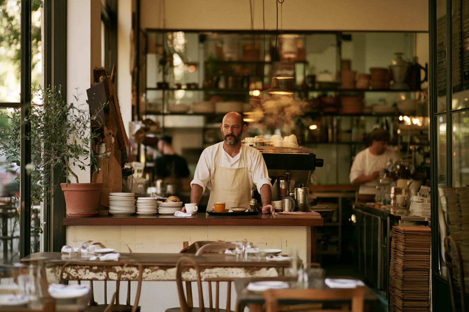 A warm, inviting Sausalito restaurant interior in golden light