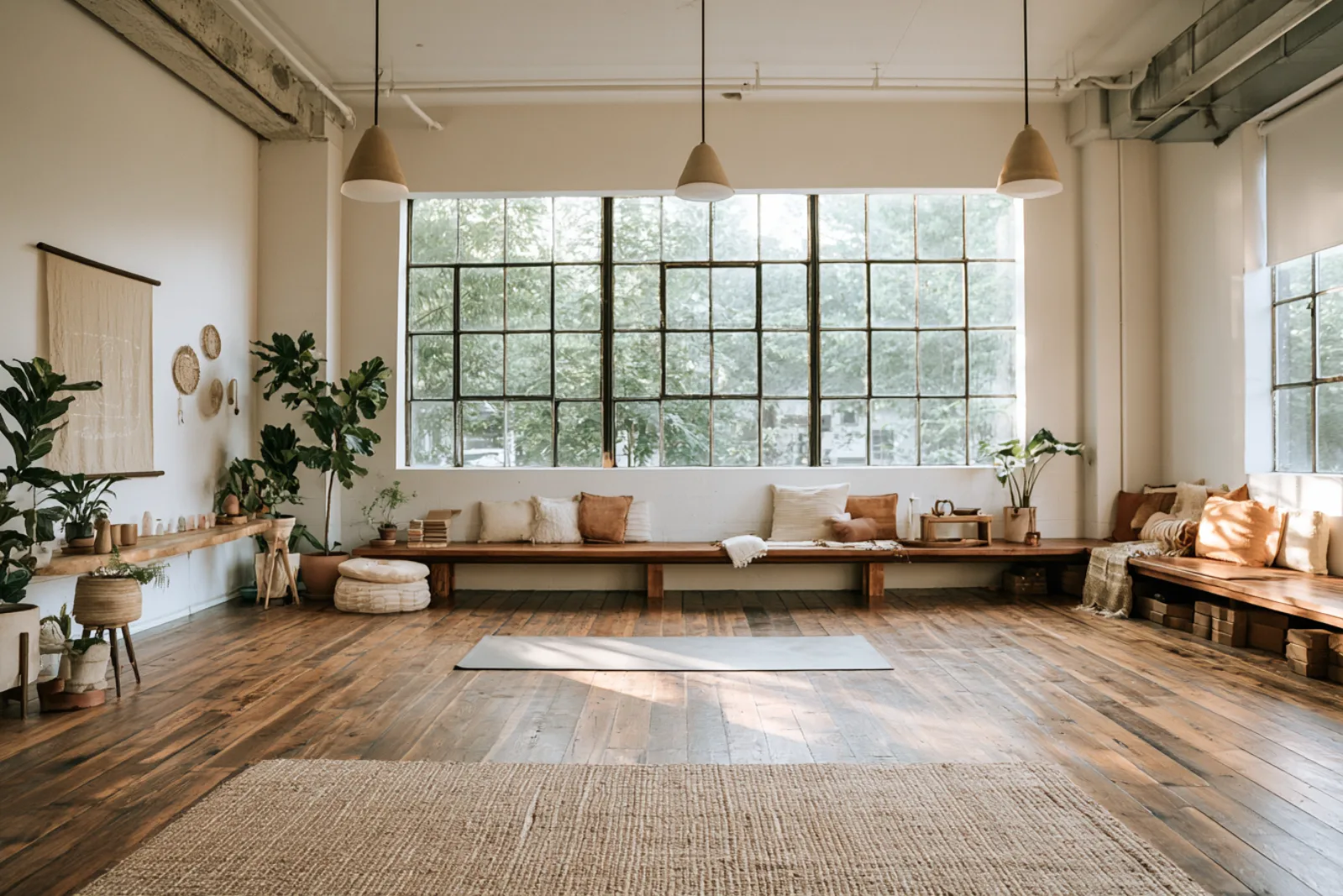 A serene San Francisco wellness studio with wood floors, plants, and warm morning light